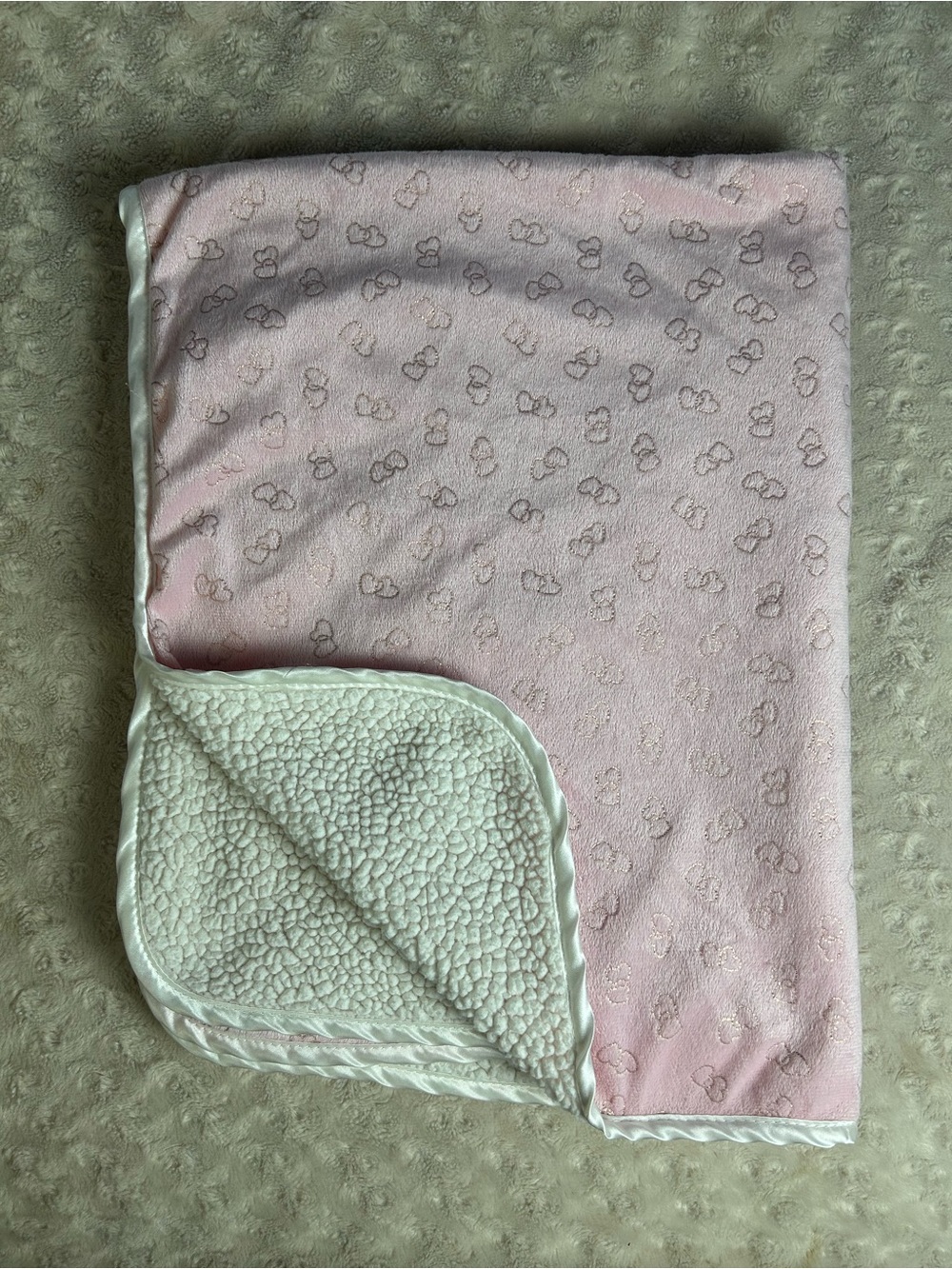 RN 150856 Pink Hearts Baby Blanket White Sherpa Shiny Metallic lovey